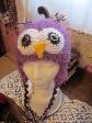 child's purple fuzzy owl hat hand crocheted by Crazy Rebecca
